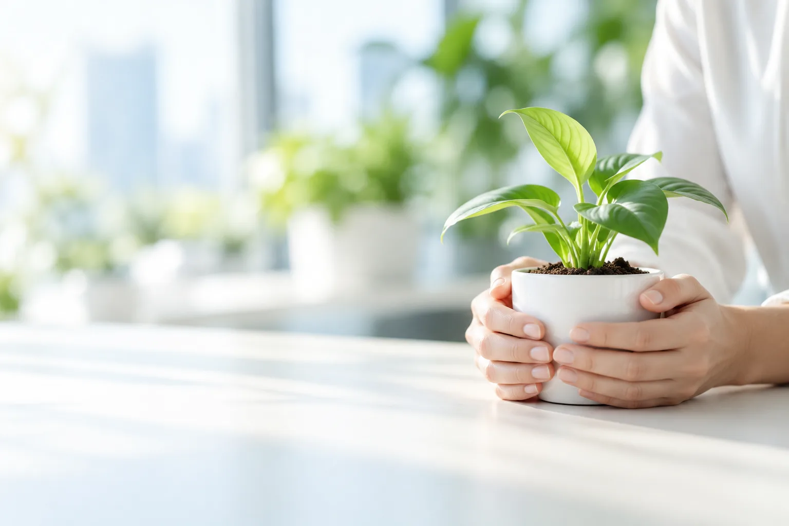 雙手輕捧嫩芽盆栽，象徵細心支持與保護。